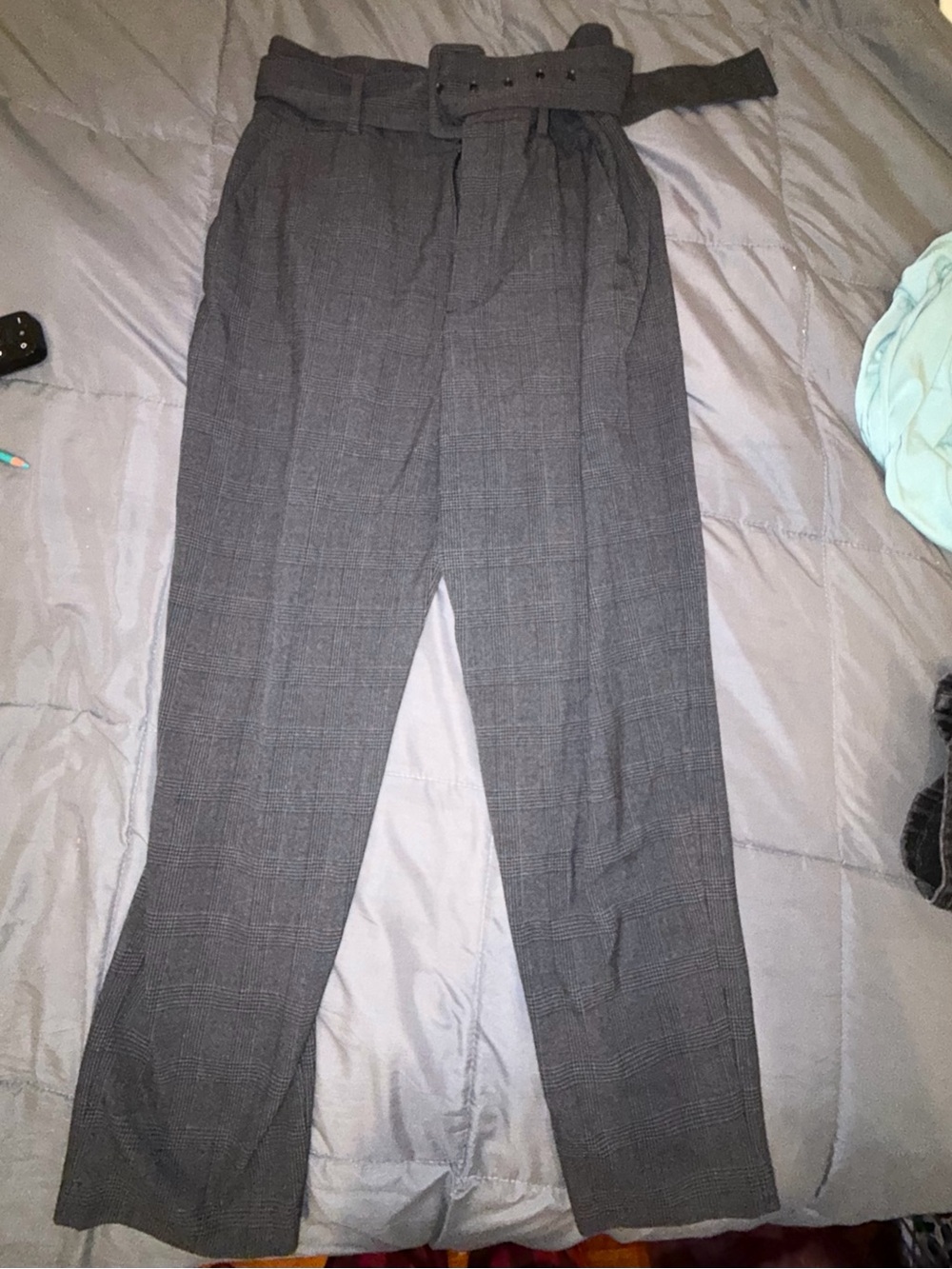 Zara Gray Plaid Paperbag Waist Belted Trousers Size M - Picture 1 of 7